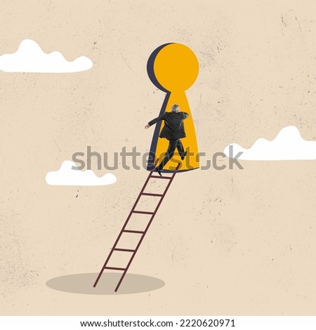 Successful business. Creative art design. Businessman in front of keyhole symbolizing new professional achievement. Motivated worker. Concept of business, personal and professional growth, success Royalty-Free Stock Photo #2220620971