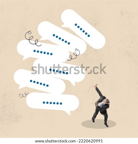 Art collage. Communication problem or overload, too many messages or spam, inefficient discussion or meeting concept, frustrated businessman run away from collapsing stack of online speech bubble.