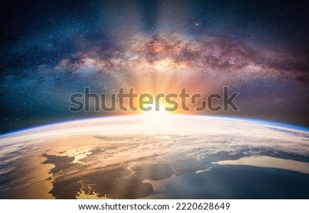 Landscape with Milky way galaxy. Sunrise and Earth view from space with Milky way galaxy. (Elements of this image furnished by NASA) Royalty-Free Stock Photo #2220628649