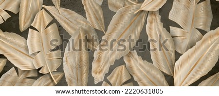 Luxury dark art background with abstract pattern of feathers or leaves in golden line style. Hand drawn vector banner for wallpaper design, print, decor, testille, packaging, interior design.