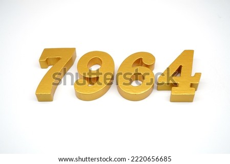    Number 7964 is made of gold-painted teak, 1 centimeter thick, placed on a white background to visualize it in 3D.                                  