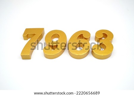   Number 7963 is made of gold-painted teak, 1 centimeter thick, placed on a white background to visualize it in 3D.                                   