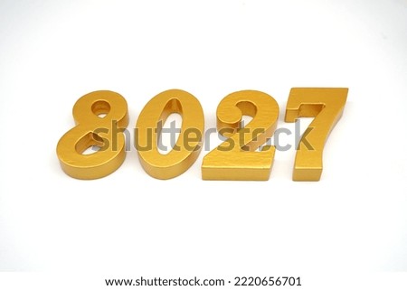  Number 8027 is made of gold-painted teak, 1 centimeter thick, placed on a white background to visualize it in 3D.                                 