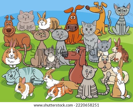 Cartoon illustration of cats and dogs and rabbits animal characters group