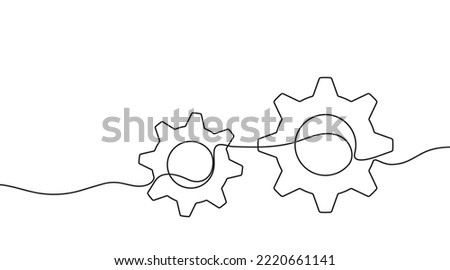 Gears one line drawing. One continuous line illustration of gears wheels. Two moving cog gear. Vector illustration.