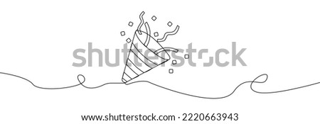 Party popper one line with ribbon and confetti.Congratulate and celebrate elements.Confetti logo.Continuous line party popper.Exploding cracker simple hand drawing icon. Royalty-Free Stock Photo #2220663943