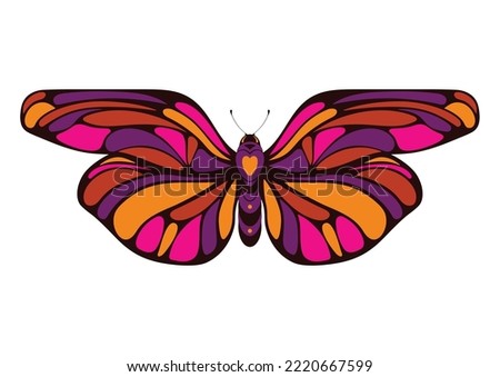 Vector illustration of a butterfly in the style of the 60s. Vector silhouette isolated on white background. Decorative element for print, tattoo, design, t-shirt