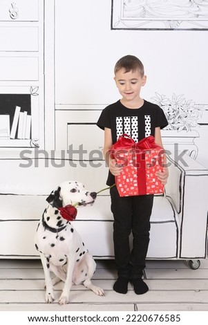 Child, cute boy, kid with present, gift and dalmatian dog, fun pet with rose in its teeth. Happy Mother's Day! Present for mom. 2d illusion in sketch black and white interior. Postcard with child, dog