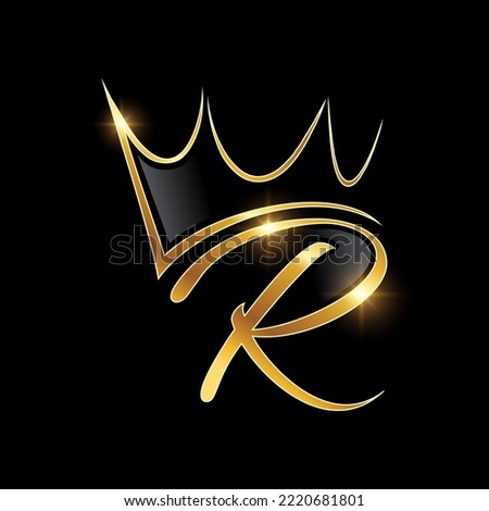 A vector Illustration  in black background with gold shine effect of Gold Monogram Crown Logo Initial Letter R