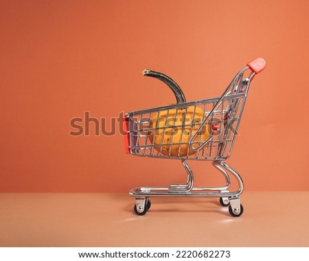 Pumpkin in shopping cart on orange background. Minimal colorful autumn concept. Creative fall idea perfect design for thanksgiving. Shopping colorful nature fall season.