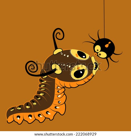Vector cartoon cute monster caterpillar with spider