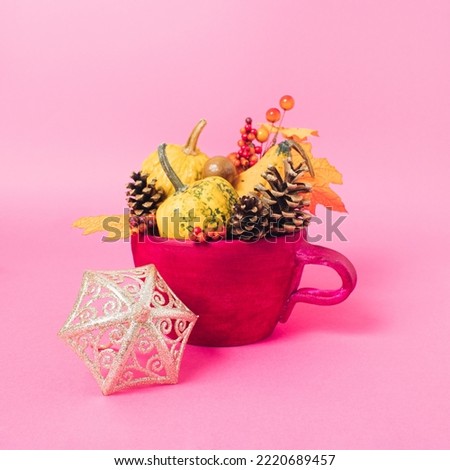 Cup full of autumn decorations made with pine cone, leaf, pumpkin on bright pink background. Creative autumn concept. Minimal fall idea decorated with umbrella. Nature in the cup.