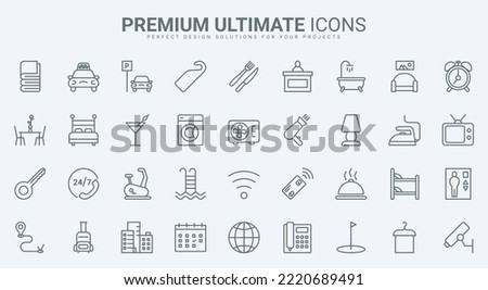 Hotel hospitality, reception thin line icons set vector illustration. Abstract outline breakfast food in restaurant and taxi transfer to airport, parking and facilities, bedroom furniture and room key Royalty-Free Stock Photo #2220689491