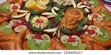 Pastry, cake with fruit decoration, edible picture