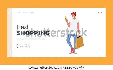 Best Shopping Landing Page Template. Young Caucasian Woman Holding Colorful Bags Reading Message on Smartphone. Stylish Female Character Shopping Fun, Seasonal Sale. Cartoon Vector Illustration