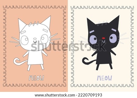 vector illustration of a cat in doodle style. double page with black cat illustration in color and without color, for children coloring