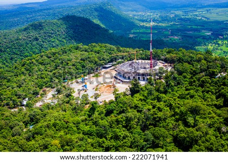 Aerial photograph of landforms and the construction of Wat Phu Pha Daeng. Nature in Udon-Thani, Thailand