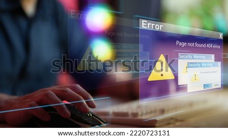Server Not Found Error Danger Caution Warning Concept. 404 Error Page Not Found. Businessman using computer laptop with triangle caution warning sing for notification error and maintenance concept. Royalty-Free Stock Photo #2220723131