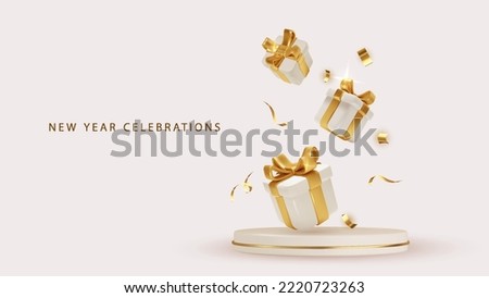 Merry Christmas Product podium scene with 3d realistic white gift boxes with golden bows and holiday decor. Realistic vector holiday concept. Festive banner design. Royalty-Free Stock Photo #2220723263