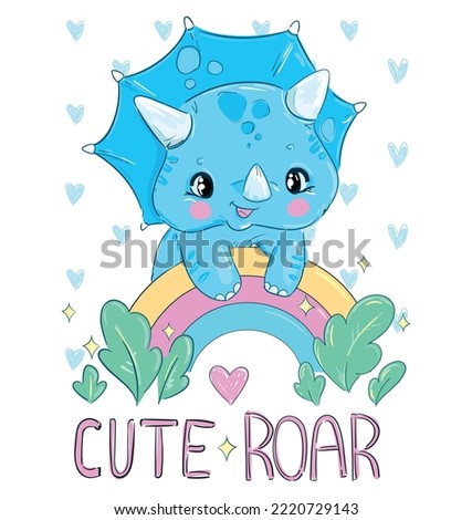 Cute little Dinosaur and rainbow hand drawn summer print for kids clothes, t-shirts Vector Illustration
