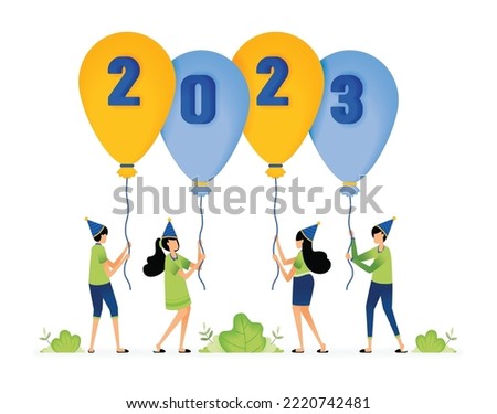 Illustration of folk party welcoming the beginning of 2023 with people holding 2023 balloons. Design for website, landing page, flyer, banner, apps, brochure, startup media company Free Vector