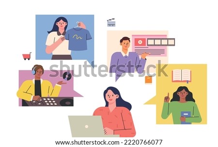 A woman is working on a computer. Online curating services tailored to her taste and lifestyle are provided. flat vector illustration.