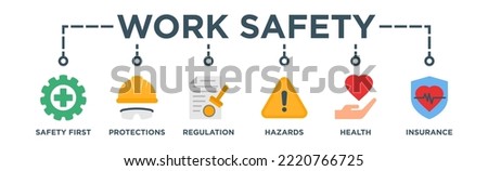 Work Safety Banner Web Concept with Safety First, Protections, Regulation, Hazards Health and Insurance icons Royalty-Free Stock Photo #2220766725