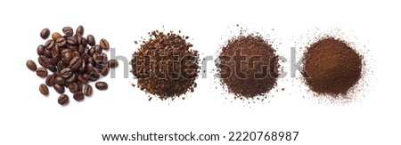 Flat lay of Roasted Coffee beans and different types of grinds coffee isolated on white background. Royalty-Free Stock Photo #2220768987