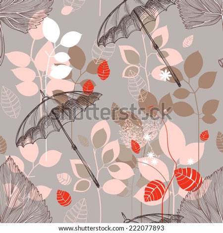 Autumn nature seamless pattern, leaves and umbrellas design