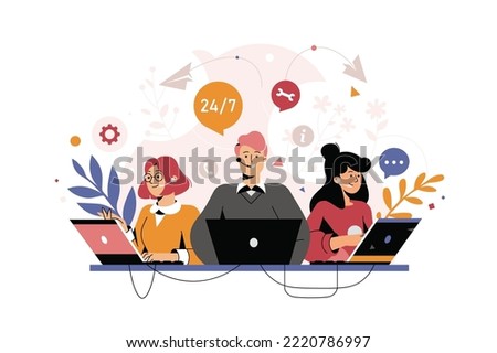 Customer service, hotline operators consult customers with headsets on computers, 24 7 global online technical support, Call center, call processing system, Vector illustration Royalty-Free Stock Photo #2220786997