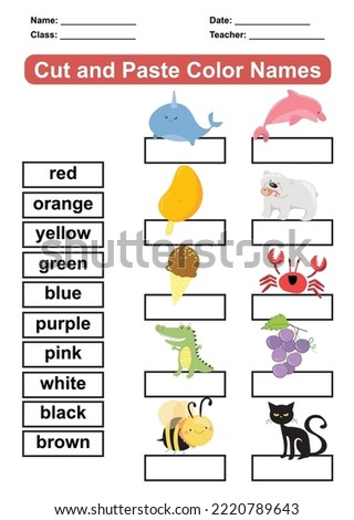 Learning about colors worksheet. Educational printable worksheet for preschoolers. Cut and paste the color names. 