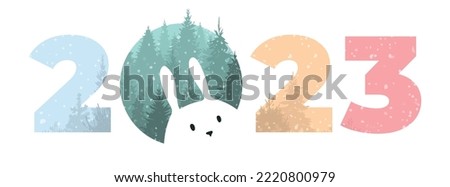 Vector multicolor calendar date 2023, hare among the trees and snowfall. Rabbit peeking out of number 0 isolated on white background. Happy new year 2023 with a bunny in the forest