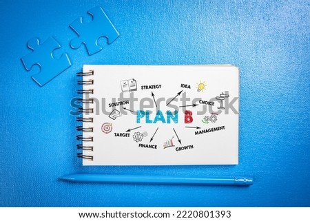 Plan B. Solution, Management, Growth and Target concept. Abstract blue office desk.