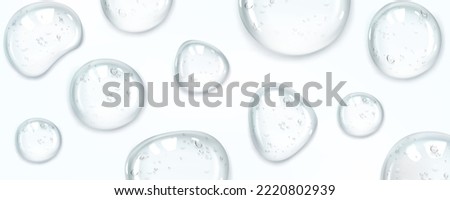 Liquid drops, serum, gel or collagen texture. Beauty product, moisture, skincare transparent bubbles top view, scatter splashes. Skin care cosmetic hydration spots, Realistic 3d vector Illustration Royalty-Free Stock Photo #2220802939