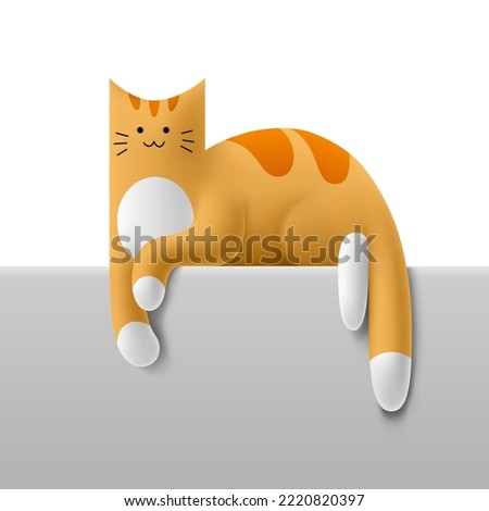 Illustration of cartoon ginger happy cat lying on surface. 3D cute funny tabby kitten with hanging paws and tail. Isolated vector template of yellow volumetric cat.