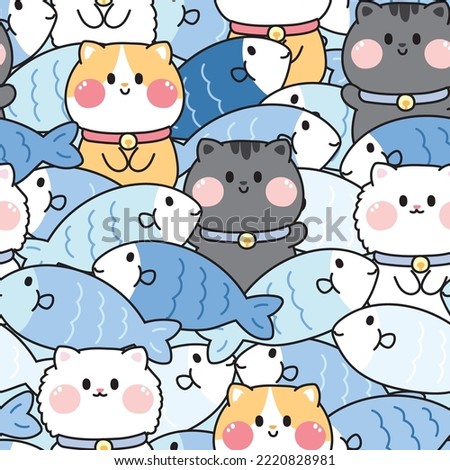 Seamless pattern of cute cat with fish background.Pet animals character design.Meow repeat.Image for card,poster,sticker.Kawaii.Vector.Illustration. Royalty-Free Stock Photo #2220828981