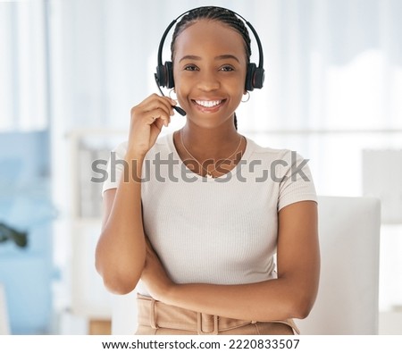 Contact us customer support, black woman and web help worker on an office phone consultation. Portrait of happy internet call center online consultant with headset doing a digital telemarketing job Royalty-Free Stock Photo #2220833507