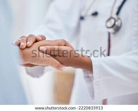 Help, healthcare or doctor holding hands with patient zoom for support, trust or communication for cancer result. Medical, medicine or insurance consulting for health, wellness or heart problem news Royalty-Free Stock Photo #2220833913