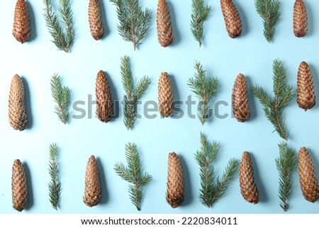 Merry Christmas and Happy Holidays greeting card, frame, banner. New Year.New Year's Eve background with fir branch and cones