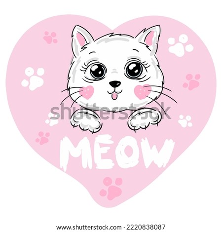 Cute cartoon kitten girl on pink heart, slogan Meow and paw for print graphic T-shirt.