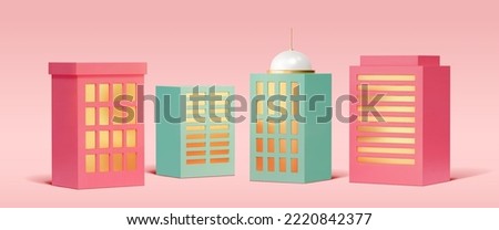 3D Rendering pink and light green skyscrapers in minimal style isolated on pink background. Royalty-Free Stock Photo #2220842377