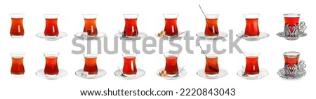 Set with glasses of traditional Turkish tea on white background. Banner design