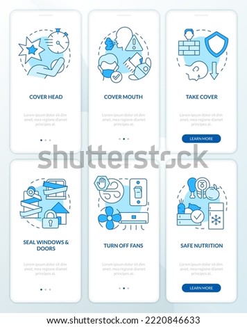 Actions outside and at home blue onboarding mobile app screen set. Walkthrough 3 steps editable graphic instructions with linear concepts. UI, UX, GUI template. Myriad Pro-Bold, Regular fonts used