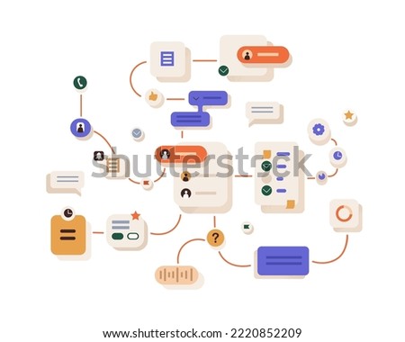 Workflow, work organization concept. Project management process, abstract business system network, scheme with connections, interactions, tasks. Flat vector illustration isolated on white background Royalty-Free Stock Photo #2220852209
