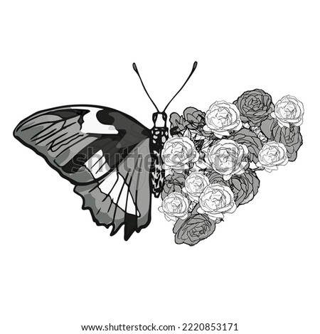 Butterfly Composed of Cute Flowers, Vector Design for Fashion and Poster Prints.Isolated butterfly decorated with various flowers. Butterfly with Flower Wing, Vector Design, Fashion, Poster, Card