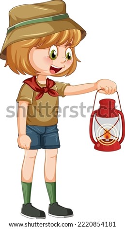 Camping girl holding gas lantern illustration