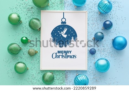 Frame with text MERRY CHRISTMAS and decor on color background