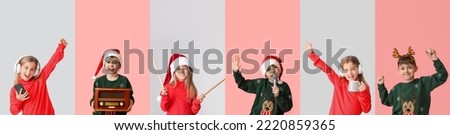 Children with headphones, drumsticks, radio receiver and microphone on color background. Christmas celebration Royalty-Free Stock Photo #2220859365