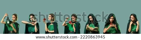 Set of young witch on green background