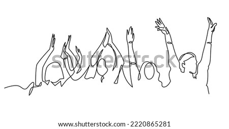 Cheerful crowd cheering illustration. Hands up. Group of applause people continuous one line vector drawing. Hands of audience silhouette hand drawn. Women and men standing at concert Royalty-Free Stock Photo #2220865281